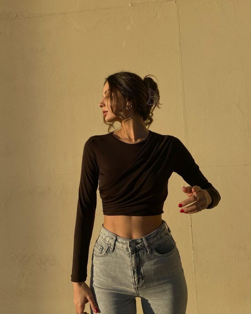 Kahverengi Crop Bluz